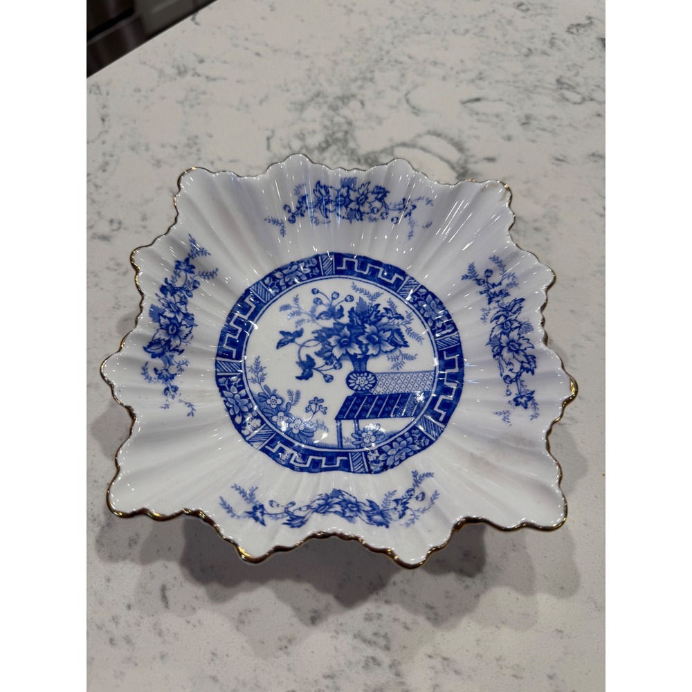 Gladstone Blue Rhapsody Bone China Square Scalloped Trinket Bowl England Vintage